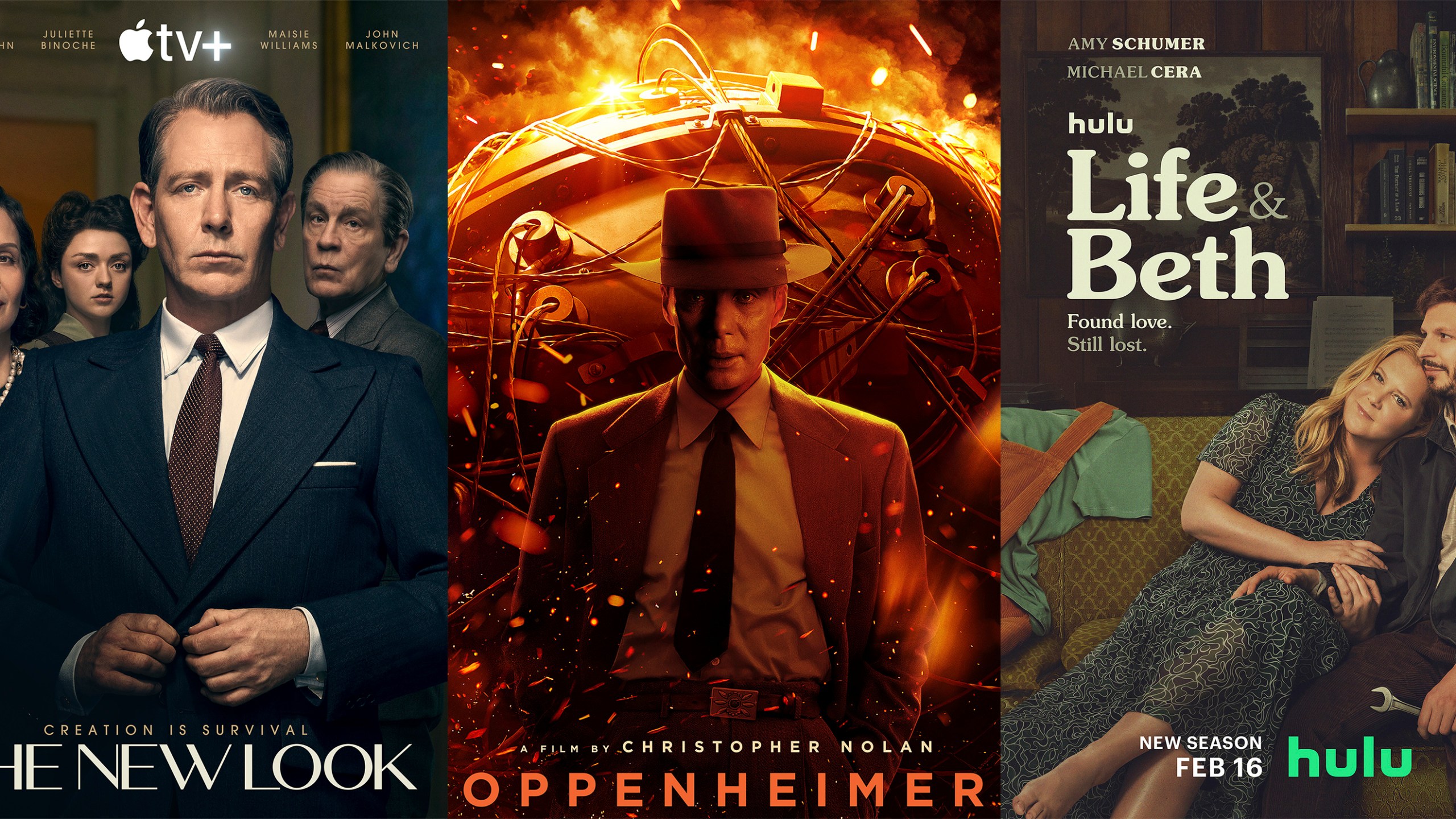 This combination of photos shows promotional art for "The New Look," streaming Feb. 14 on Apple, left, "Oppenheimer," streaming Feb. 16 on Peacock, center, and "Life & Beth," a series premiering its second season Feb. 16 on Hulu. (Apple/Peacock/Hulu via AP)