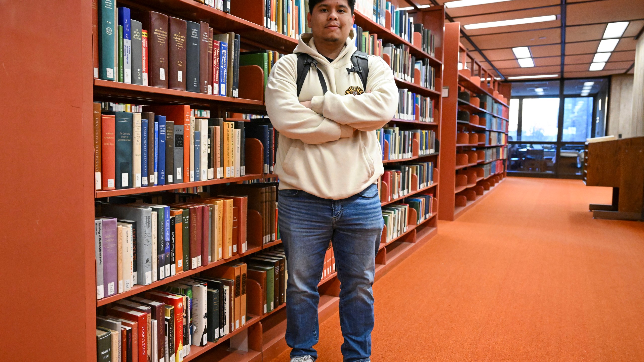 Jesus Noyola, a sophomore attending Rensselaer Polytechnic Institute, poses for a portrait in the Folsom Library, Tuesday, Feb. 13, 2024, in Troy, N.Y. A later-than-expected rollout of a revised Free Application for Federal Student Aid, or FASFA, that schools use to compute financial aid, is resulting in students and their parents putting off college decisions. Noyola said he hasn’t been able to submit his FAFSA because of an error in the parent portion of the application. “It’s disappointing and so stressful since all these issues are taking forever to be resolved,” said Noyola, who receives grants and work-study to fund his education. (AP Photo/Hans Pennink)