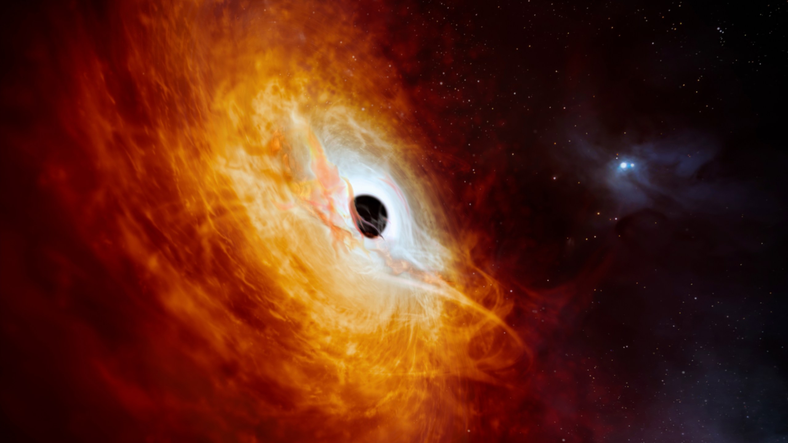 This illustration provided by the European Southern Observatory in February 2024, depicts the record-breaking quasar J059-4351, the bright core of a distant galaxy that is powered by a supermassive black hole. The supermassive black hole, seen here pulling in surrounding matter, has a mass 17 billion times that of the Sun and is growing in mass by the equivalent of another Sun per day, making it the fastest-growing black hole ever known. (M. Kornmesser/ESO via AP)