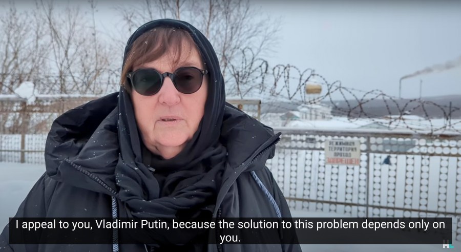 In this grab taken from video provided by the Navalny Team on Tuesday. Feb. 20, 2024, Russian Opposition Leader Alexei Navalny's mother Lyudmila Navalnaya speaks, near the prison colony in the town of Kharp, Russia. The mother of Russian opposition leader Alexei Navalny appealed to President Vladimir Putin to intervene and turn her son’s body over to her so she can bury him with dignity. Lyudmila Navalnaya, who has been trying to get his body since Saturday, appeared in a video outside the Arctic penal colony where Navalny died on Friday. (Navalny Team via AP)