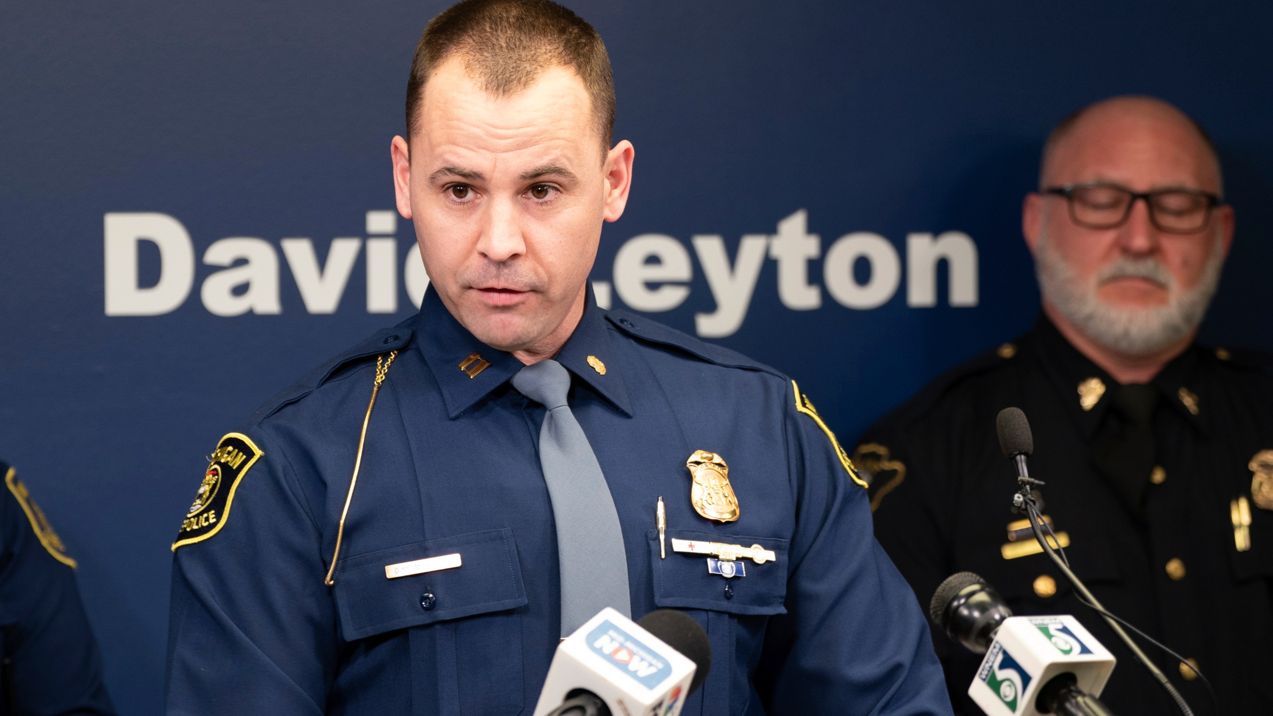 Michigan State Police Captain Greg Morenko speaks during a press conference to announce criminal charges filed against a Flint father, after his 2-year-old daughter accidentally shot herself, held in the 67th District Court in downtown Flint, Mich., on Tuesday, Feb. 20, 2024. Under Michigan's new "safe storage" laws, this is the first criminal complaint filed. (Julian Leshay Guadalupe/The Flint Journal via AP)