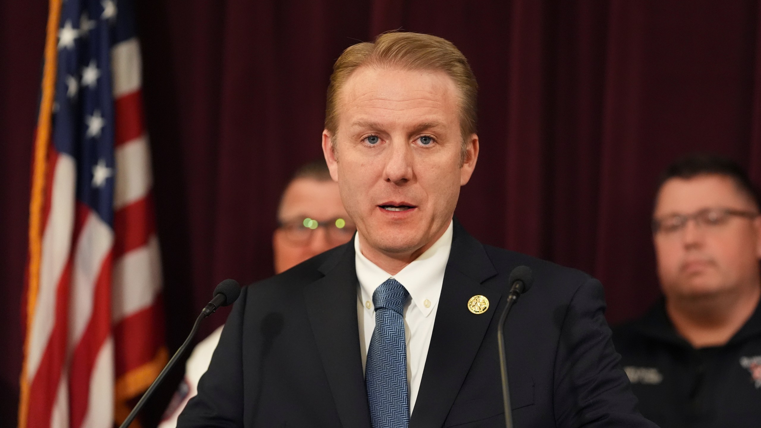 Superintendent of Minnesota Bureau of Criminal Apprehension Drew Evans speaks at a press conference after two police officers and a first responder were shot and killed Sunday, Feb. 18, 2024, in Burnsville, Minn. (AP Photo/Abbie Parr)