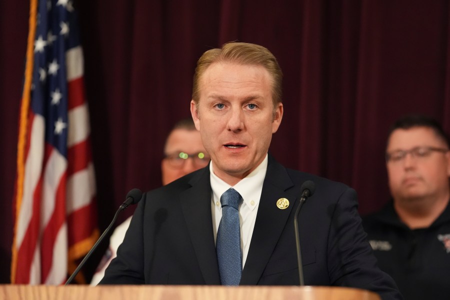 Superintendent of Minnesota Bureau of Criminal Apprehension Drew Evans speaks at a press conference after two police officers and a first responder were shot and killed Sunday, Feb. 18, 2024, in Burnsville, Minn. (AP Photo/Abbie Parr)