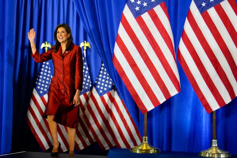 Republican presidential candidate former UN Ambassador Nikki Haley gestures as she arrives to speaks after the South Carolina presidential primary Saturday, Feb. 24, 2024, in Charleston, S.C. (AP Photo/Chris Carlson)