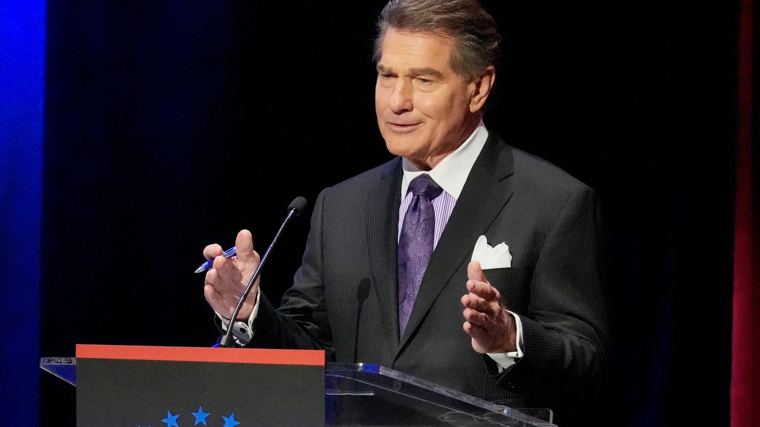 FILE - Former baseball player Steve Garvey speaks during a televised debate for candidates in the senate race on Jan. 22, 2024, in Los Angeles. California’s U.S. Senate race was expected to be a three-way Democratic prizefight. But the possibility of record-low turnout is elevating Garvey's chances to advance to the general election in November. (AP Photo/Damian Dovarganes, File)