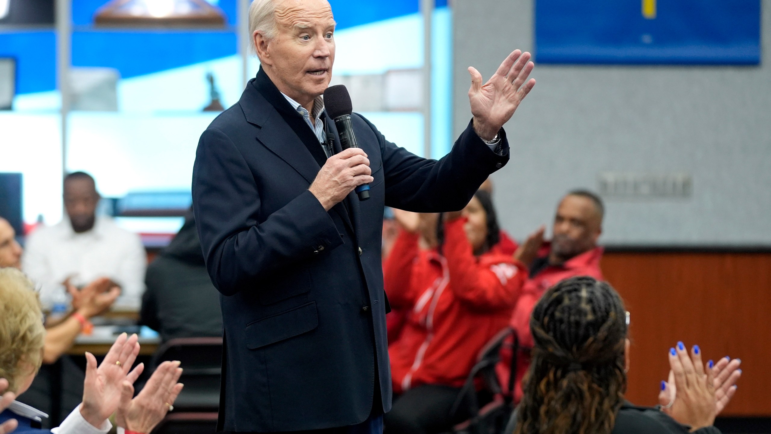 FILE - President Joe Biden meets with UAW members during a campaign stop, Feb. 1, 2024, in Warren, Mich. Michigan's presidential primary on Tuesday, Feb. 27, will offer a serious test of Biden's ability to navigate dissent within his party over his response to Israel's war against Hamas. The Michigan contest is the final major race before the primary broadens dramatically on Super Tuesday, when more than a dozen states will hold elections on March 5 with thousands of delegates at stake. (AP Photo/Evan Vucci, File)