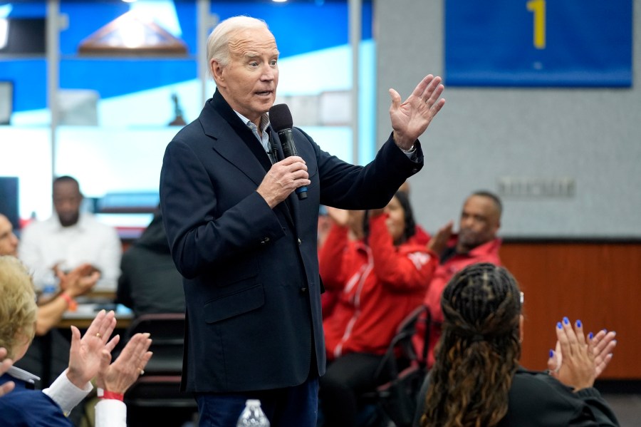 FILE - President Joe Biden meets with UAW members during a campaign stop, Feb. 1, 2024, in Warren, Mich. Michigan's presidential primary on Tuesday, Feb. 27, will offer a serious test of Biden's ability to navigate dissent within his party over his response to Israel's war against Hamas. The Michigan contest is the final major race before the primary broadens dramatically on Super Tuesday, when more than a dozen states will hold elections on March 5 with thousands of delegates at stake. (AP Photo/Evan Vucci, File)