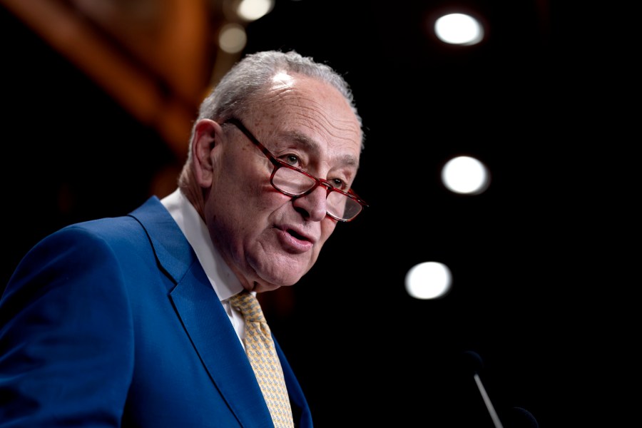 FILE - Senate Majority Leader Chuck Schumer, D-N.Y., speaks to reporters at the Capitol in Washington, Feb. 13, 2024. The chamber is expected to spend far less time on the impending impeachment trial of Homeland Security Secretary Alejandro Mayorkas over the Biden administration’s handling of the U.S.-Mexico border, than for former President Donald Trump's two trials, or maybe no time at all. If Schumer can muster a simple majority, Democrats could dismiss the trial outright or move to table the two articles. (AP Photo/J. Scott Applewhite, File)