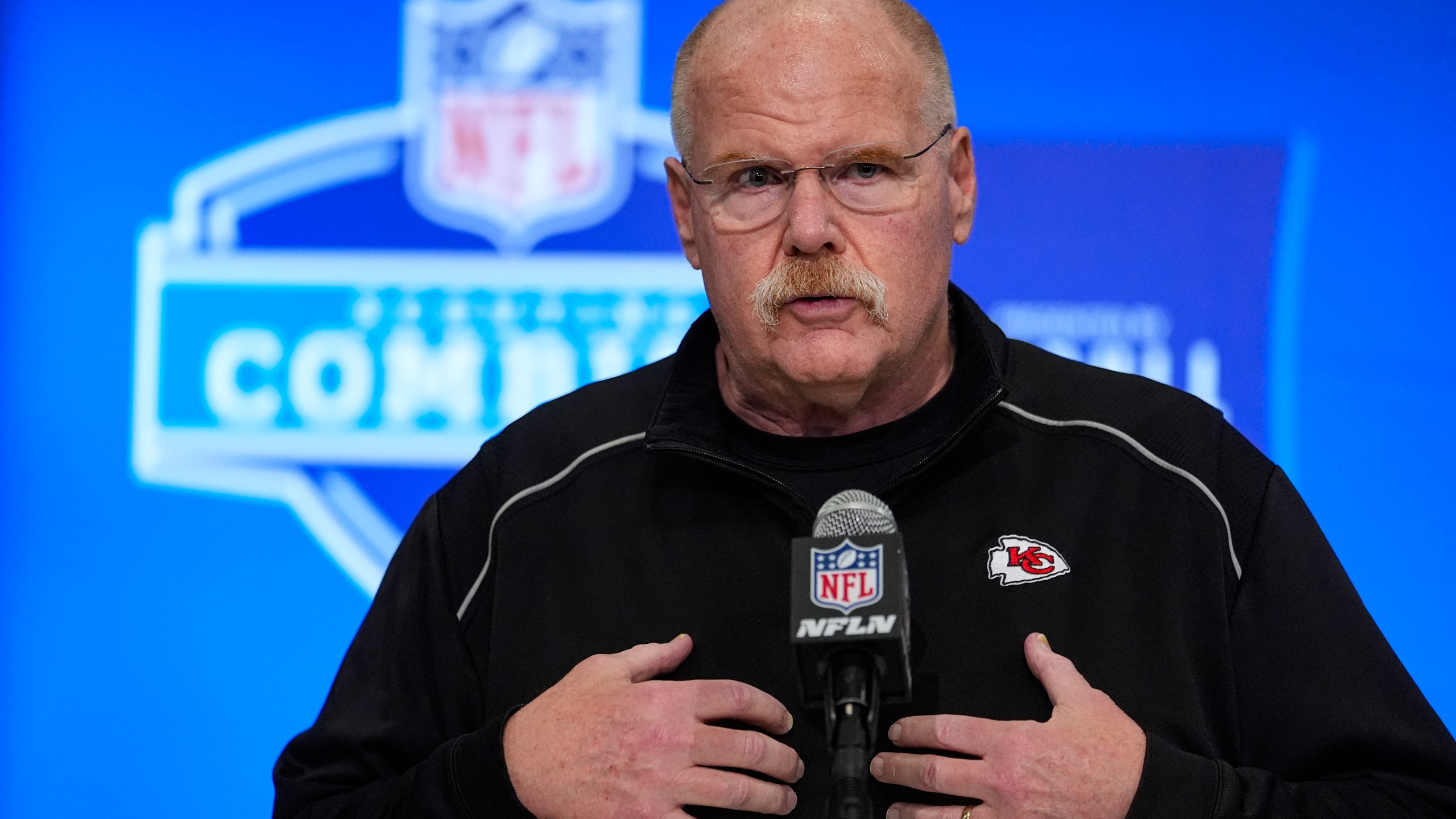 Kansas City Chiefs head coach Andy Reid speaks during a press conference at the NFL football scouting combine in Indianapolis, Tuesday, Feb. 27, 2024. (AP Photo/Michael Conroy)