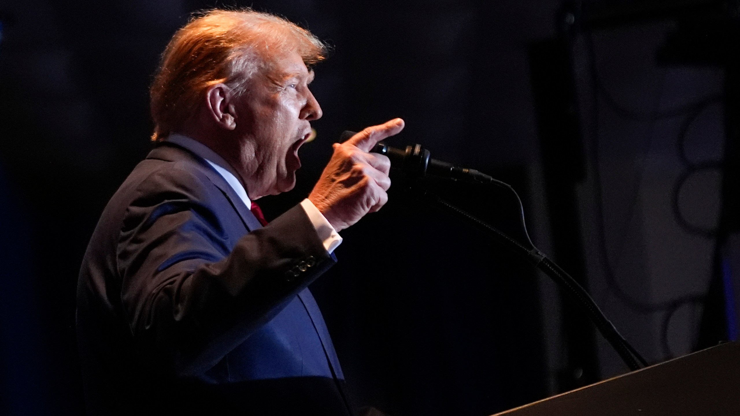 FILE - Republican presidential candidate former President Donald Trump speaks at a primary election night party at the South Carolina State Fairgrounds in Columbia, S.C., Saturday, Feb. 24, 2024. The arrest of a Venezuelan man who entered the U.S. illegally for the murder of a 22-year-old nursing student in Georgia has triggered fiery reactions from Donald Trump and his allies. Trump blamed President Joe Biden and his immigration policies for the fatal beating of 22-year-old Laken Riley while on her morning run. (AP Photo/Andrew Harnik, File)