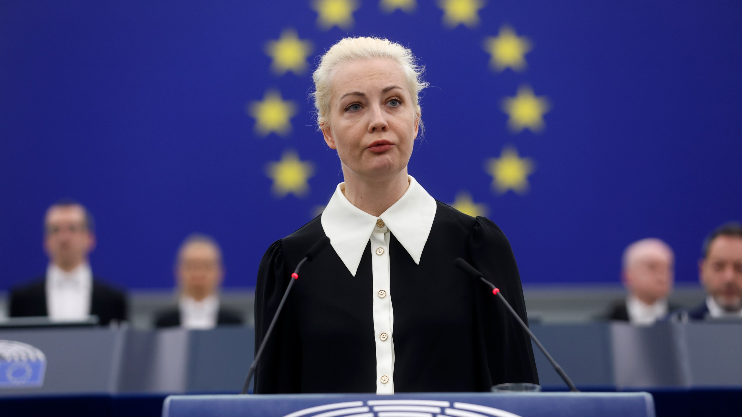 Yulia Navalnaya, widow of Russian opposition leader Alexei Navalny addresses the European Union's parliament on Wednesday Feb. 28, 2024 in Strasbourg, eastern France. The grief-stricken widow of Russian opposition leader Alexei Navalny implored the 27-nation bloc to stand up to Russian President Vladimir Putin. The legislature often interrupted her speech with applause and lauded her efforts to keep the memory of Navalny alive. (AP Photo/Jean-Francois Badias)