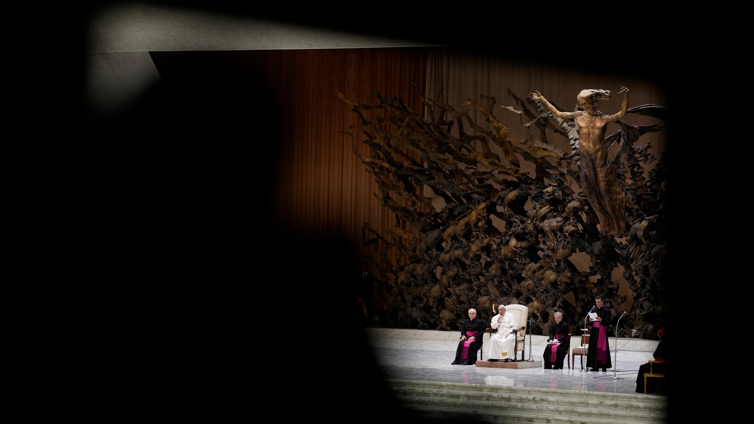 Pope Francis attends his weekly general audience in the Paul VI Hall, at the Vatican, Wednesday, Feb. 28, 2024. (AP Photo/Andrew Medichini)