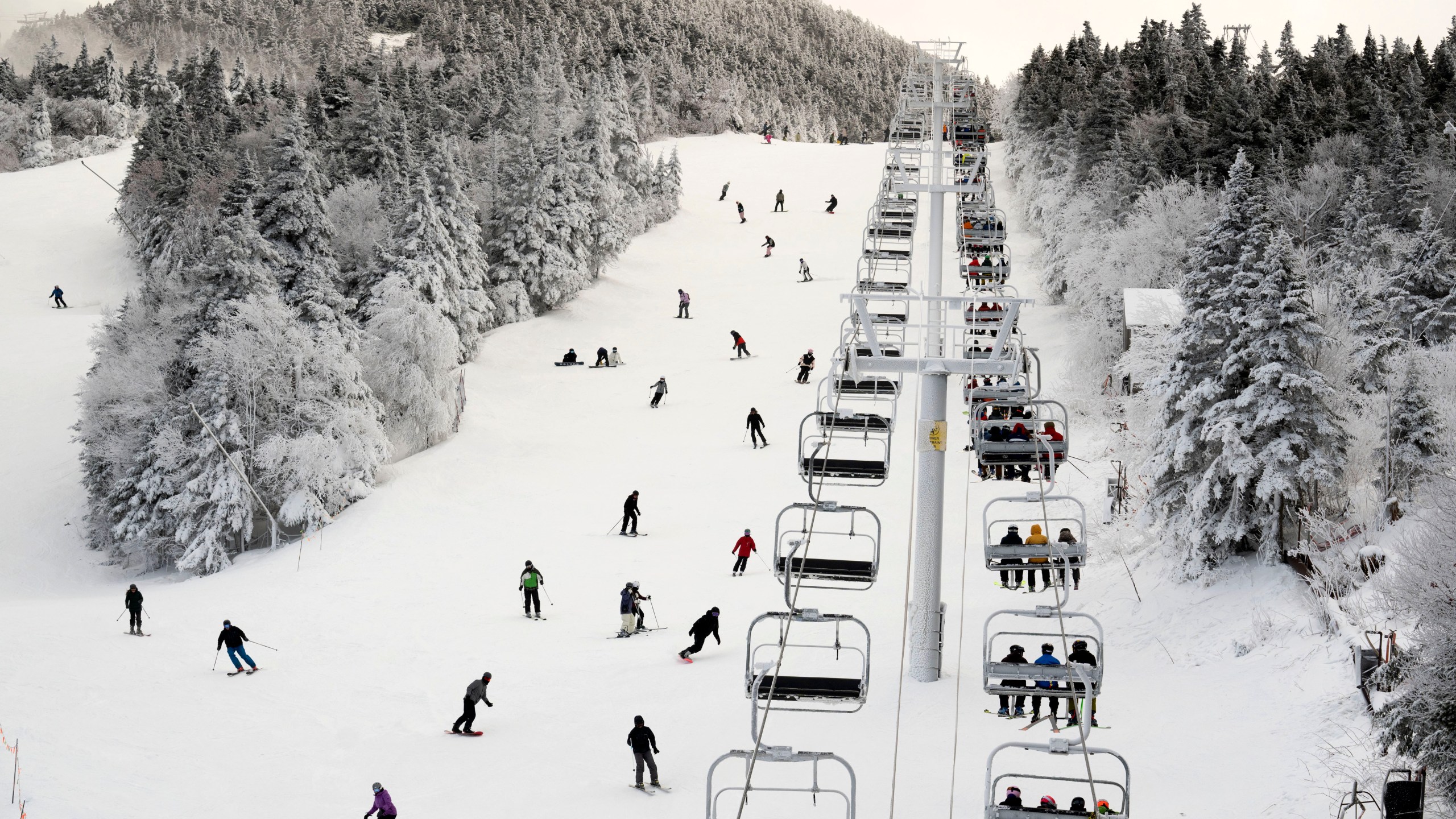 FILE - Thanksgiving holiday skiers descend near the North Ridge Quad chairlift, Nov. 24, 2023, at Killington Ski Resort in Killington, Vt. A new study says U.S. ski areas lost about $5 billion from 2000 to 2019 as a result of human-caused climate change. (AP Photo/Robert F. Bukaty, File)