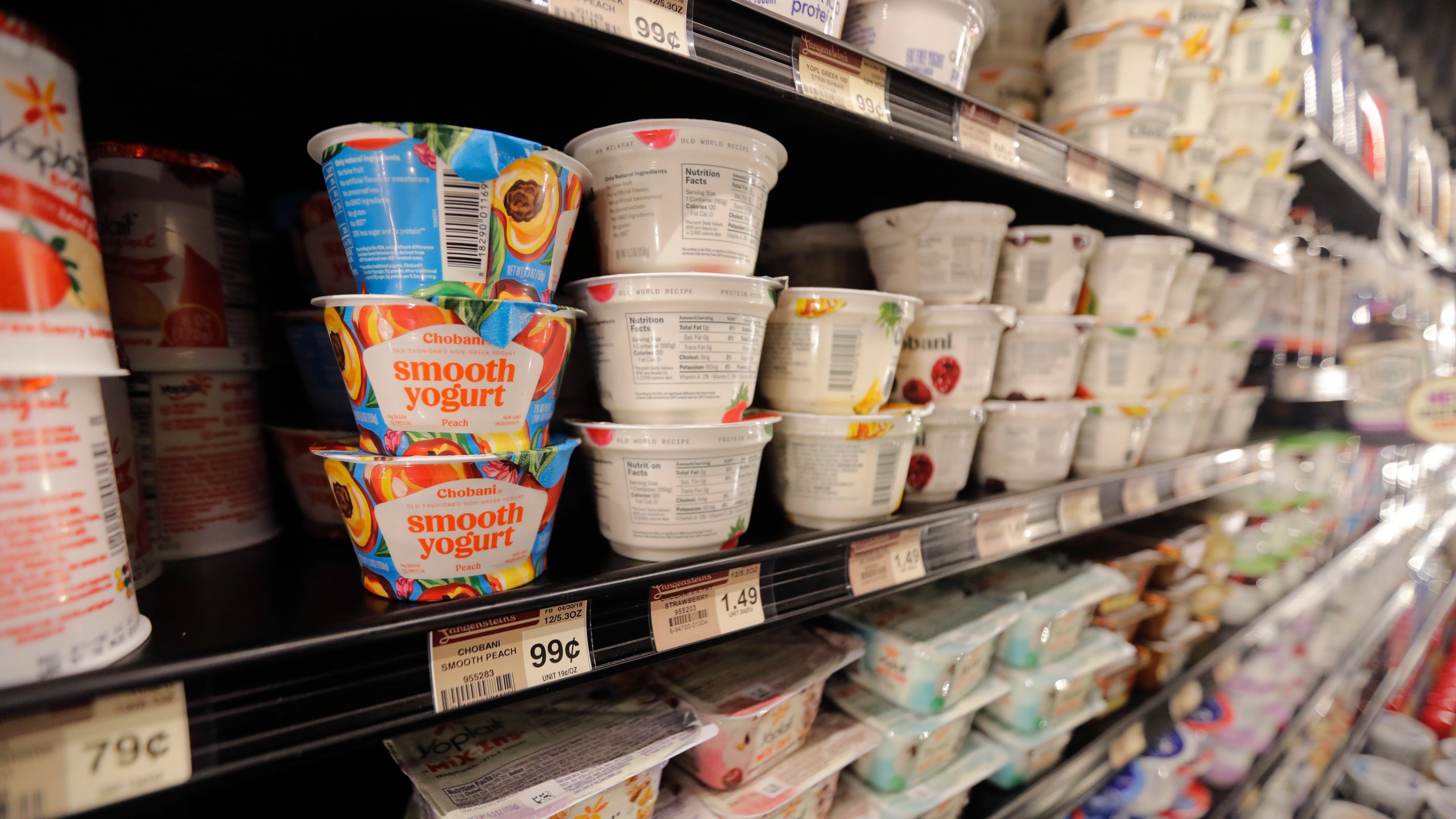 FILE - Yogurt is displayed for sale at a grocery store in River Ridge, La. on July 11, 2018. On Friday, March 1, 2024, the U.S. Food and Drug Administration said yogurt sold in the U.S. can make claims that the food may reduce the risk of type 2 diabetes, based on limited evidence. (AP Photo/Gerald Herbert, File)