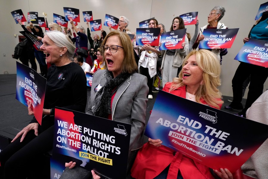 FILE - Missouri residents and pro-choice advocates react to a speaker during Missourians for Constitutionals Freedom kick-off petition drive, Feb. 6, 2024 in Kansas City, Mo. The recent ruling by the Alabama Supreme Court that frozen embryos can be considered children, halting IVF treatments in the state, is a clear example of why races for state supreme courts will be among the most hotly contested this year. State high court seats will be on the ballot in more than 30 states, and several of those races have the potential to flip political control of the court. (AP Photo/Ed Zurga, File)