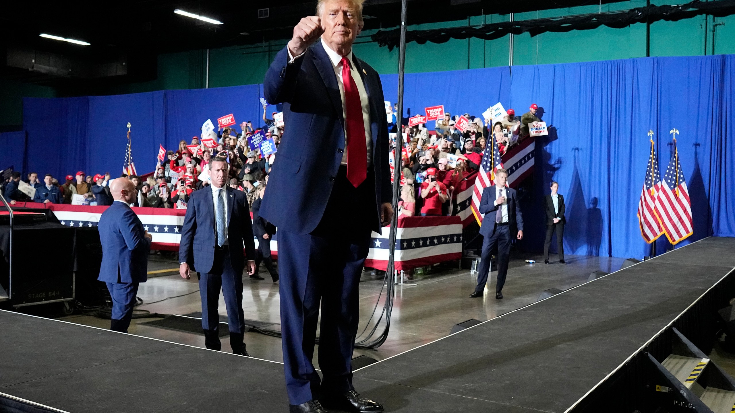 Republican presidential candidate former President Donald Trump gestures at a campaign rally Saturday, March 2, 2024, in Greensboro, N.C. (AP Photo/Chris Carlson)