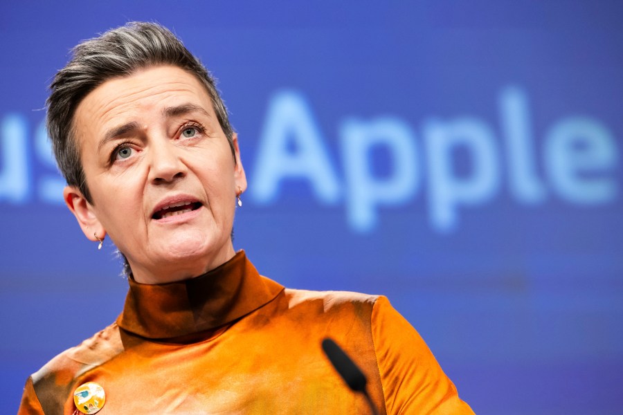 EU Commission vice president Margrethe Vestager addresses the media on Apple Music streaming services at EU headquarters in Brussels, Monday, March 4, 2024. Vestager addressed the media after the 27-nation bloc slapped a massive 1.8 billion fine on Apple for allegedly abusing its dominant position when it comes to music streaming services. (AP Photo/Geert Vanden Wijngaert)