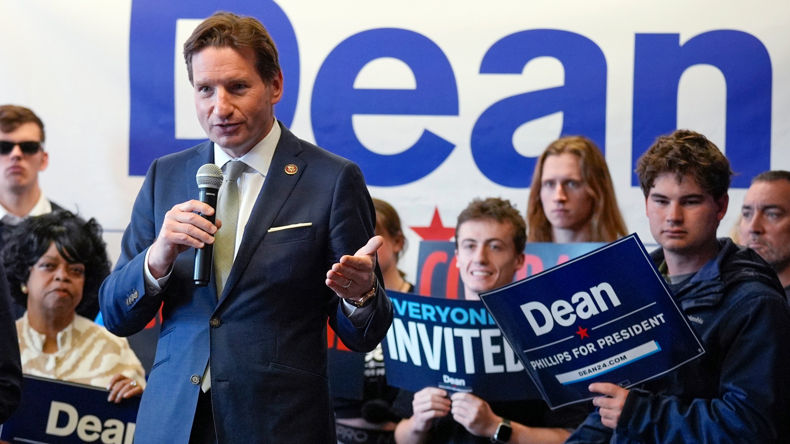 FILE - Democratic presidential candidate Rep. Dean Phillips, D-Minn., speaks during a campaign stop, Jan. 18, 2024, in Manchester, N.H. Phillips of Minnesota ended his long-shot 2024 Democratic presidential bid on Wednesday after failing to win a primary contest against President Joe Biden. (AP Photo/Charles Krupa, File)