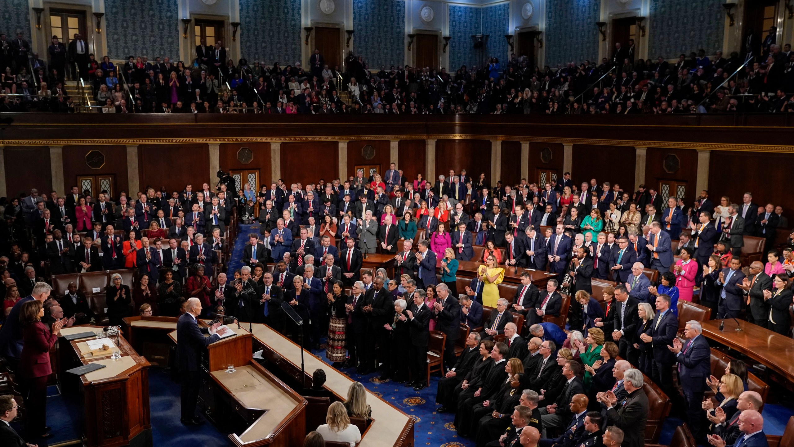 FILE - President Joe Biden delivers his State of the Union speech to a joint session of Congress, at the Capitol in Washington, Feb. 7, 2023. The State of the Union speech is one of the biggest pieces of political theater every year. But in modern times, it's a televised extravaganza where every detail is carefully scrutinized. This is Biden's third State of the Union and it will feature the third House speaker to hold the job since he was elected. (AP Photo/J. Scott Applewhite, File)