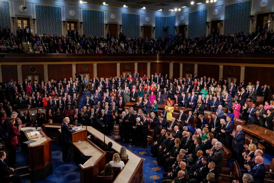 FILE - President Joe Biden delivers his State of the Union speech to a joint session of Congress, at the Capitol in Washington, Feb. 7, 2023. The State of the Union speech is one of the biggest pieces of political theater every year. But in modern times, it's a televised extravaganza where every detail is carefully scrutinized. This is Biden's third State of the Union and it will feature the third House speaker to hold the job since he was elected. (AP Photo/J. Scott Applewhite, File)