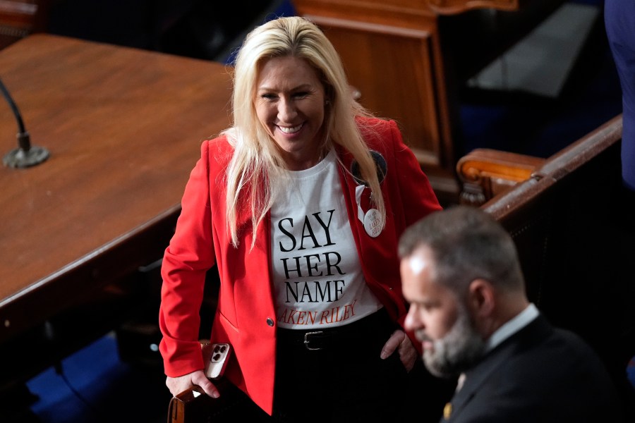 Rep. Marjorie Taylor Greene, R-Ga., wears a Laken Riley shirt as she arrives before President Joe Biden delivers the State of the Union address to a joint session of Congress at the U.S. Capitol, Thursday March 7, 2024, in Washington. (AP Photo/Andrew Harnik)