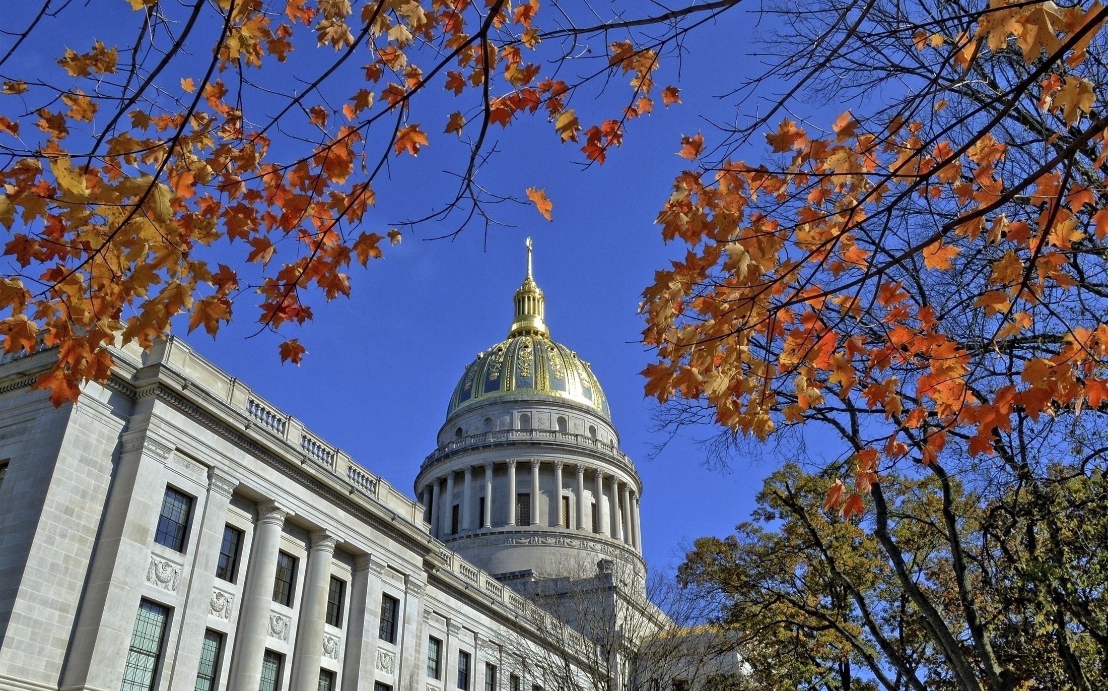 FILE - The West Virginia Capitol with its dome framed by turning sugar maples leaves is seen, Nov. 3, 2014, in Charleston, W.Va. Lawmakers in West Virginia's GOP-controlled state Legislature voted Saturday, March 9, 2024, to allow some students who don't attend traditional public schools to be exempt from state vaccination requirements that have long been held up as some of the most strict in the country. (Tom Hindman/The Daily Mail via AP, File)