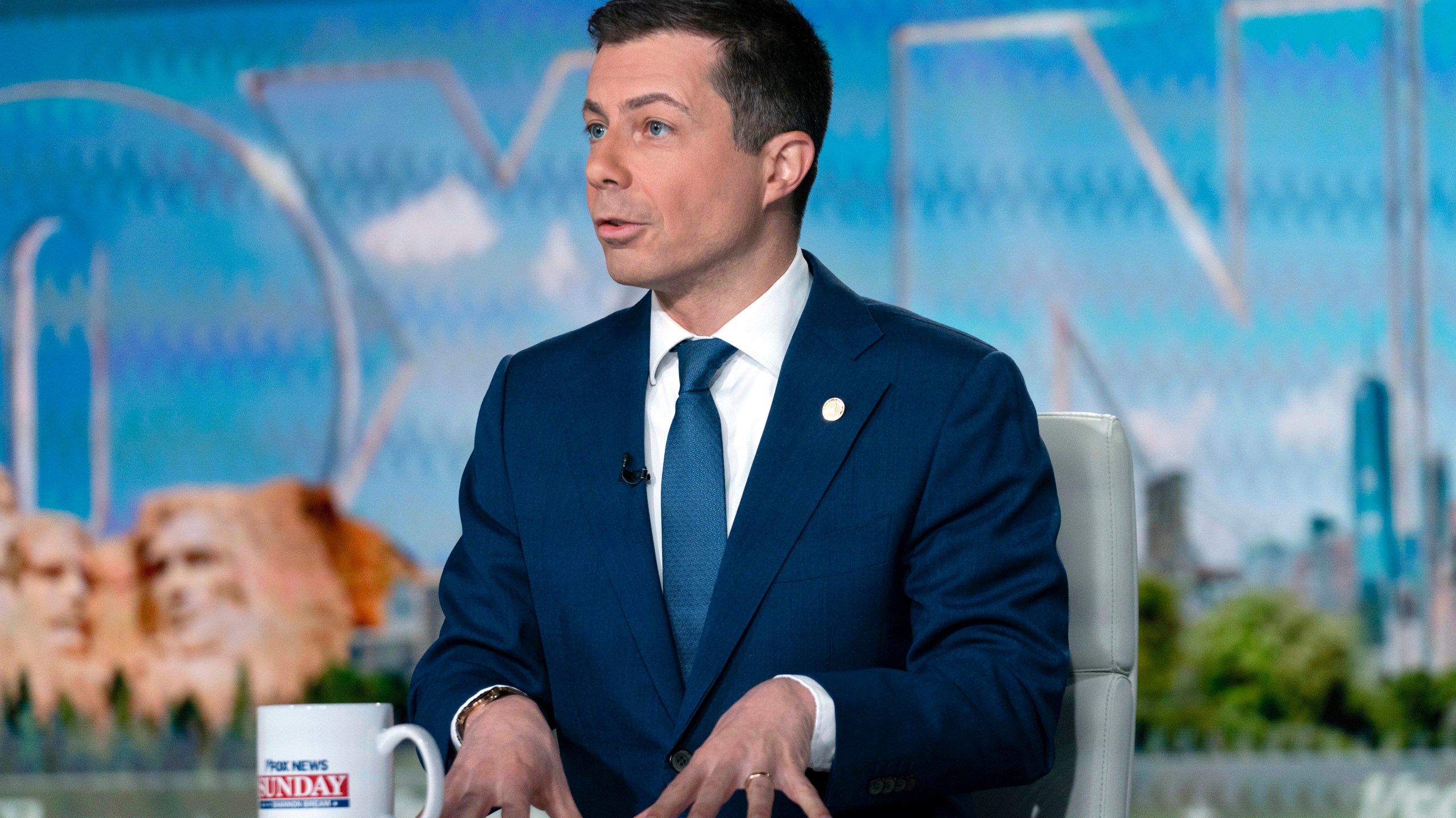 Transportation Secretary Pete Buttigieg speaks during an interview with "Fox News Sunday" anchor Shannon Bream at the Fox News bureau in Washington, Sunday, March 10, 2024. (AP Photo/Jose Luis Magana)