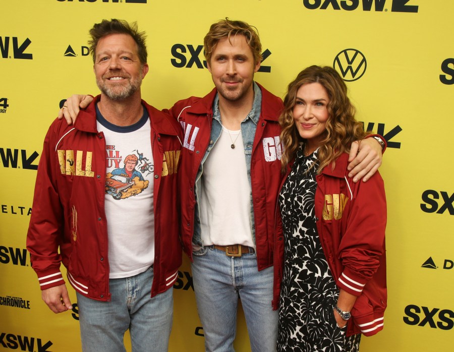 Director David Leitch, from left, Ryan Gosling and Kelly McCormick, arrive for the world premiere of "The Fall Guy" at the Paramount Theatre during the South by Southwest Film Festival on Tuesday, March 12, 2024, in Austin, Texas. (Photo by Jack Plunkett/Invision/AP)