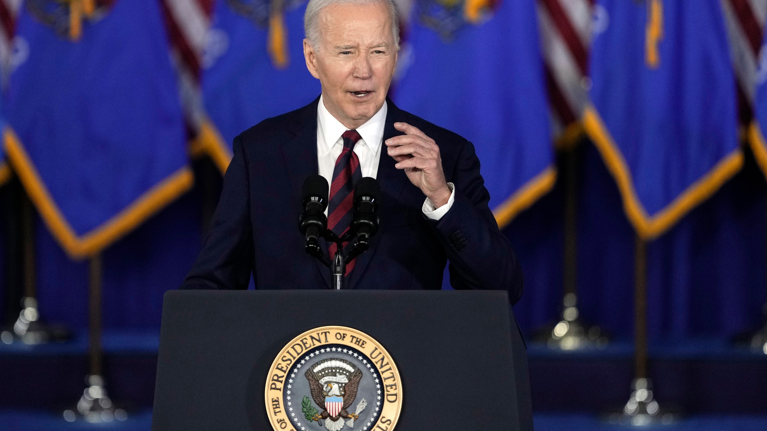 FILE - President Joe Biden speaks at en event March 13, 2024, in Milwaukee. A major deadline under the half-century-old War Powers Resolution came this week for Biden to obtain Congress' approval to keep waging his military campaign against Yemen's Houthis. But it was met with public silence, even from Senate Democrats frustrated by the Biden administration's blowing past some of the checkpoints that would give Congress more of a say in the United States' deepening military engagement in the Middle East conflicts. (AP Photo/Morry Gash, File)