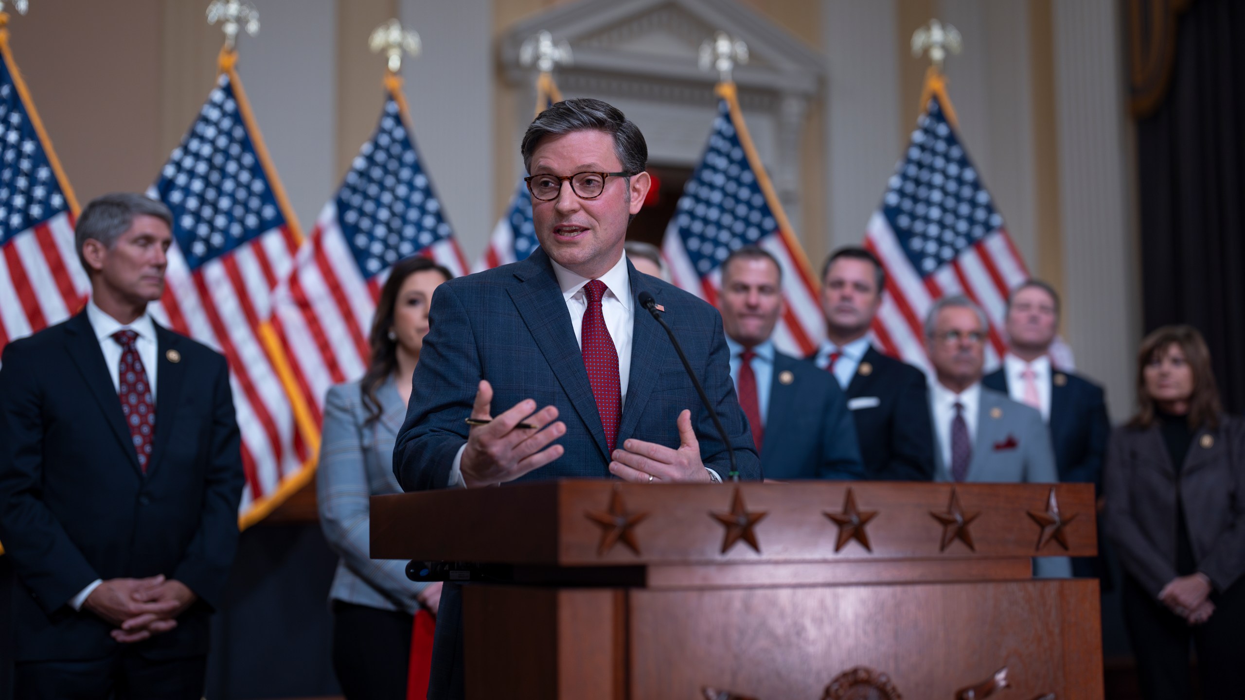 Speaker of the House Mike Johnson, R-La., joined by fellow Republicans, speaks during a news conference ahead of the State of the Union at the Capitol in Washington, Wednesday, March 6, 2024. (AP Photo/J. Scott Applewhite)