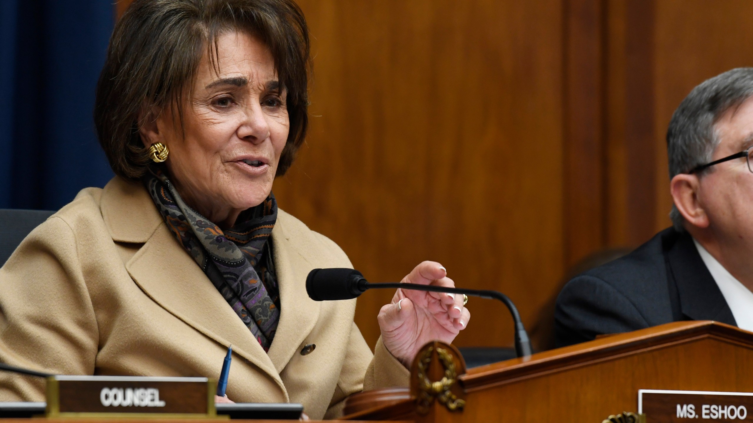 FILE - Rep. Anna Eshoo, D-Calif., speaks at a hearing on Capitol Hill in Washington, Feb. 26, 2020. Legislation introduced in the House of Representatives on Thursday, March 21, 2024, and sponsored by Eshoo, and Rep. Neal Dunn, R-Fla., will require online platforms to label audio and video generated using artificial intelligence. The bill is the latest legislative proposal to address the privacy, national security and consumer risks raised by the rapidly developing technology. (AP Photo/Susan Walsh, File)