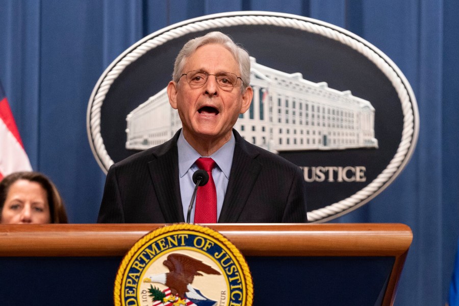 Attorney General Merrick Garland speaks during a news conference at Department of Justice headquarters in Washington, Thursday, March 21, 2024. The Justice Department on Thursday announced a sweeping antitrust lawsuit against Apple, accusing the tech giant of engineering an illegal monopoly in smartphones that boxes out competitors and stifles innovation. (AP Photo/Jose Luis Magana)