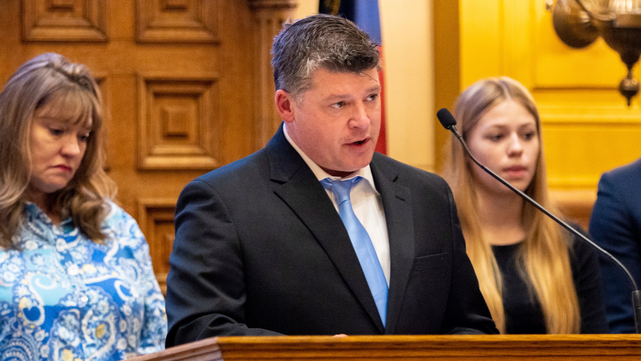 Jason Riley, father of slain nursing student Laken Riley, speaks at the Senate at the Capitol in Atlanta on Wednesday, March 20, 2024. (Arvin Temkar/Atlanta Journal-Constitution via AP)