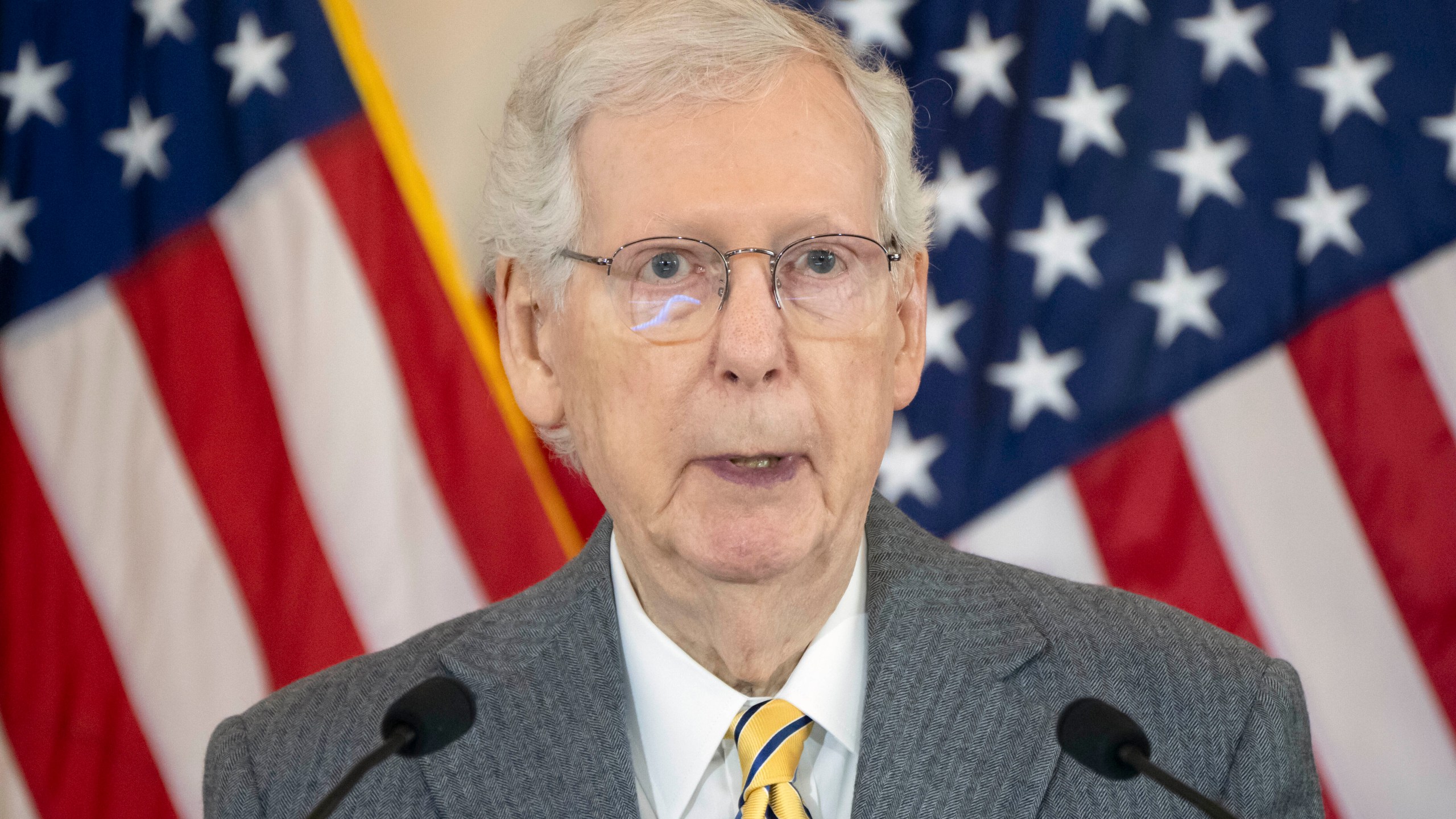 Senate Minority Leader Mitch McConnell of Ky., speaks during a ceremony to honor members of the Ghost Army, a secretive WWII-era unit, with the Congressional Gold Medal on Capitol Hill, Thursday, March 21, 2024, in Washington. (AP Photo/Mark Schiefelbein)