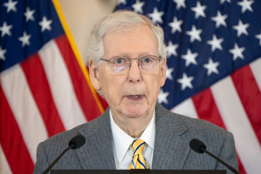 Senate Minority Leader Mitch McConnell of Ky., speaks during a ceremony to honor members of the Ghost Army, a secretive WWII-era unit, with the Congressional Gold Medal on Capitol Hill, Thursday, March 21, 2024, in Washington. (AP Photo/Mark Schiefelbein)