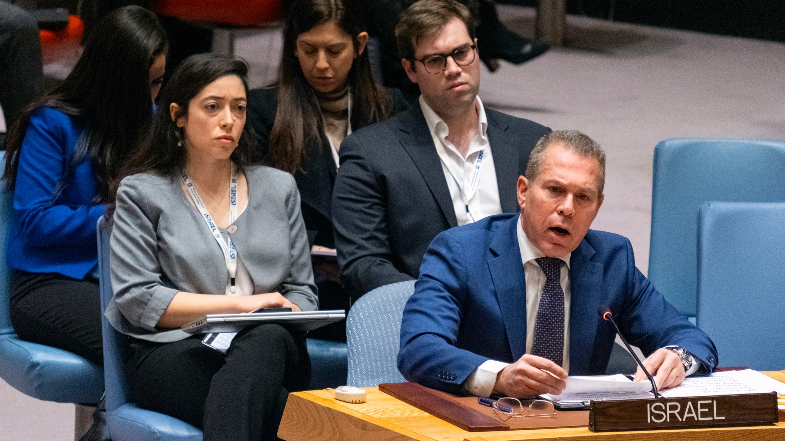 Gilad Erdan, Permanent Representative of Israel to the United Nations, addresses the United Nations Security Council at U.N. headquarters, Monday, March 25, 2024, after a vote that passed a cease-fire resolution in Gaza during the Muslim holy month of Ramadan, its first demand to halt fighting. (AP Photo/Craig Ruttle)