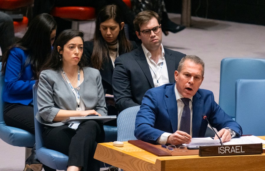 Gilad Erdan, Permanent Representative of Israel to the United Nations, addresses the United Nations Security Council at U.N. headquarters, Monday, March 25, 2024, after a vote that passed a cease-fire resolution in Gaza during the Muslim holy month of Ramadan, its first demand to halt fighting. (AP Photo/Craig Ruttle)