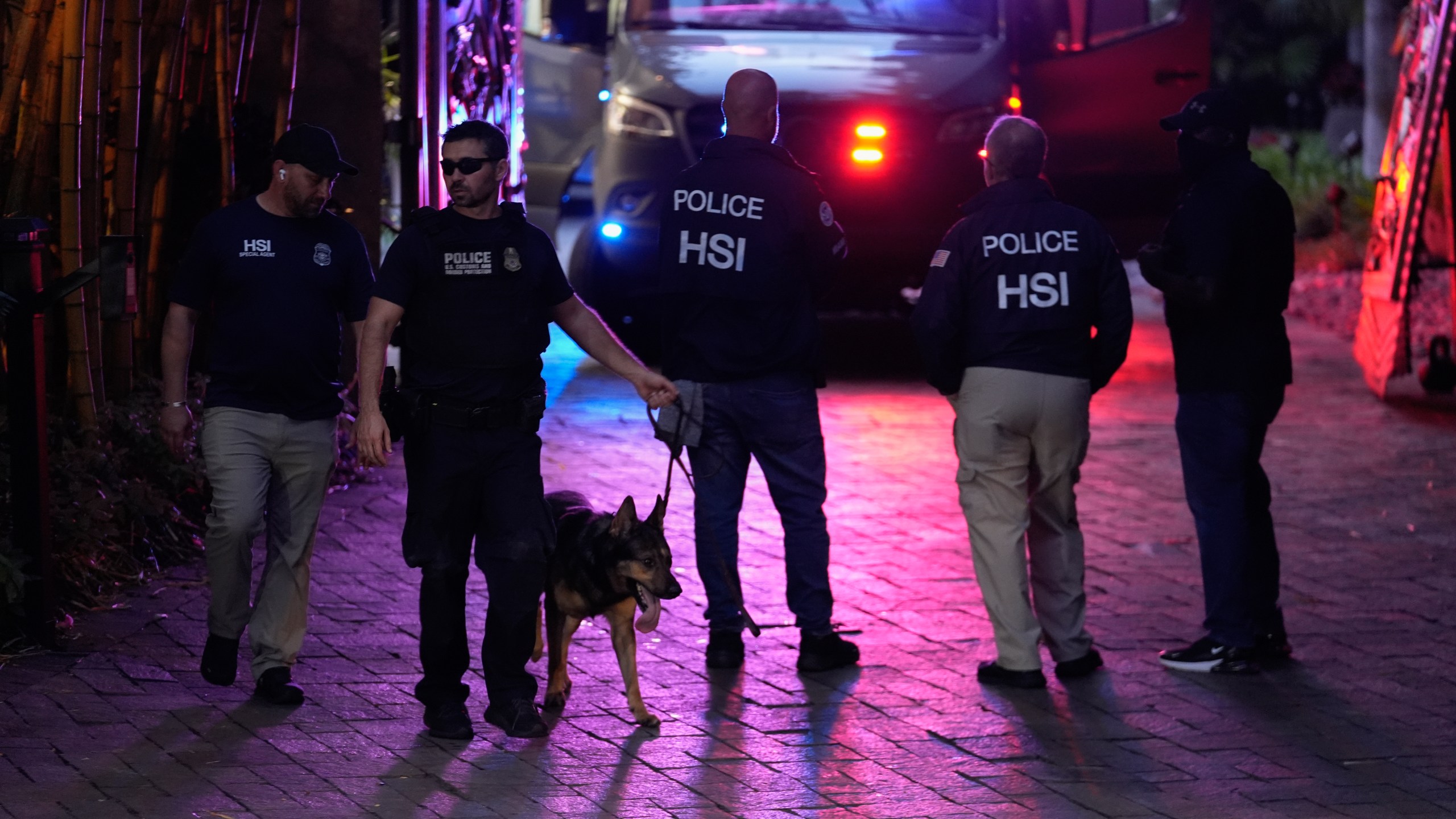 A law enforcement officer leads out a canine as federal agents stand at the entrance to a property belonging to rapper Sean "Diddy" Combs, Monday, March 25, 2024, on Star Island in Miami Beach, Fla. Two properties belonging to Combs in Los Angeles and Miami were searched Monday by federal Homeland Security Investigations agents and other law enforcement as part of an ongoing sex trafficking investigation by federal authorities in New York, two law enforcement officials told The Associated Press. (AP Photo/Rebecca Blackwell)