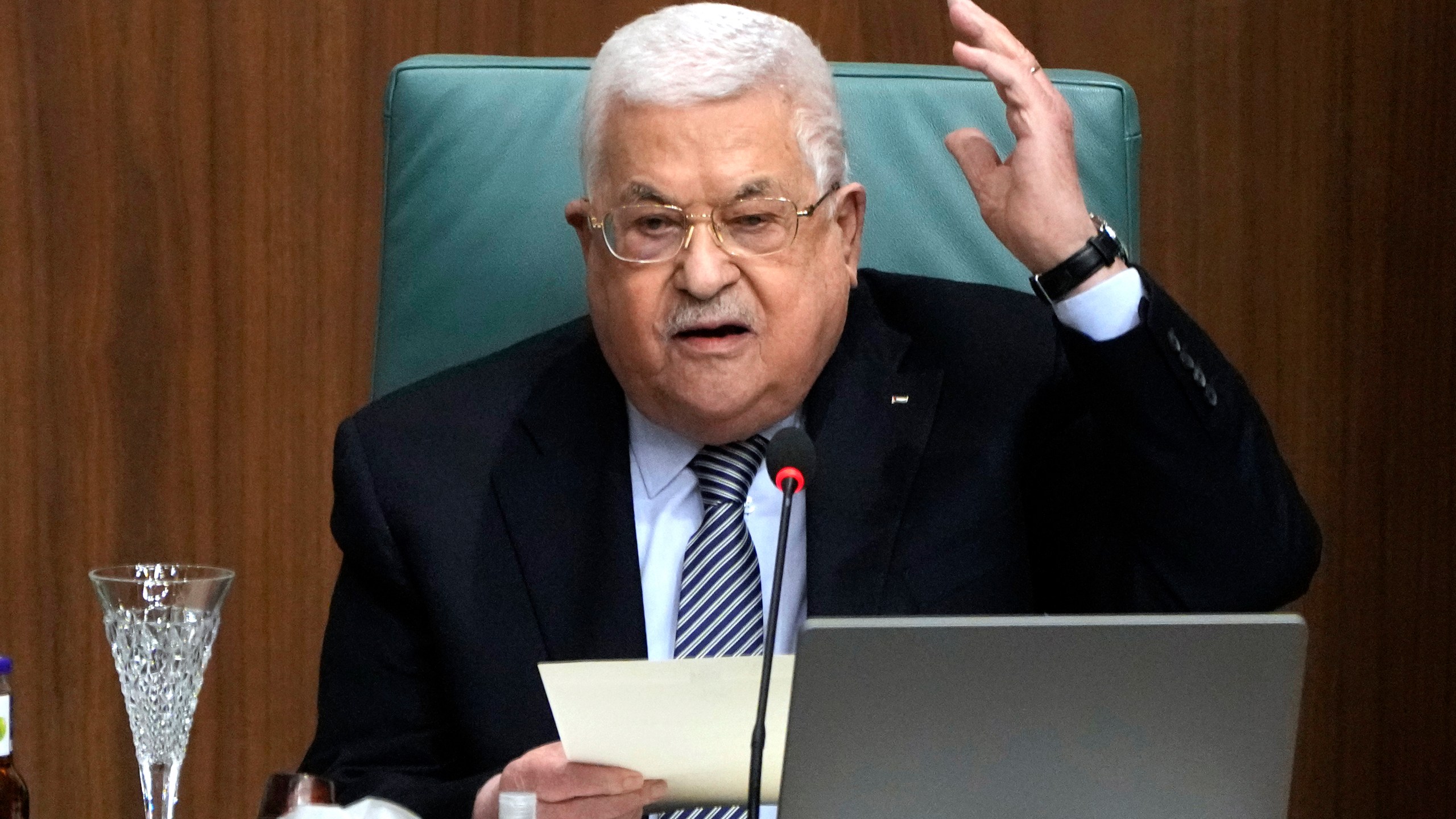 FILE - Palestinian President Mahmoud Abbas speaks during a conference to support Jerusalem at the Arab League headquarters in Cairo, Egypt, on Feb. 12, 2023. The Palestinian Authority has announced the formation of a new Cabinet as it faces international pressure to reform. President Mahmoud Abbas, who has led the PA for nearly two decades and remains in overall control, announced the new government in a presidential decree on Thursday March 28, 2024. None of the incoming ministers are well-known figures. (AP Photo/Amr Nabil, File)