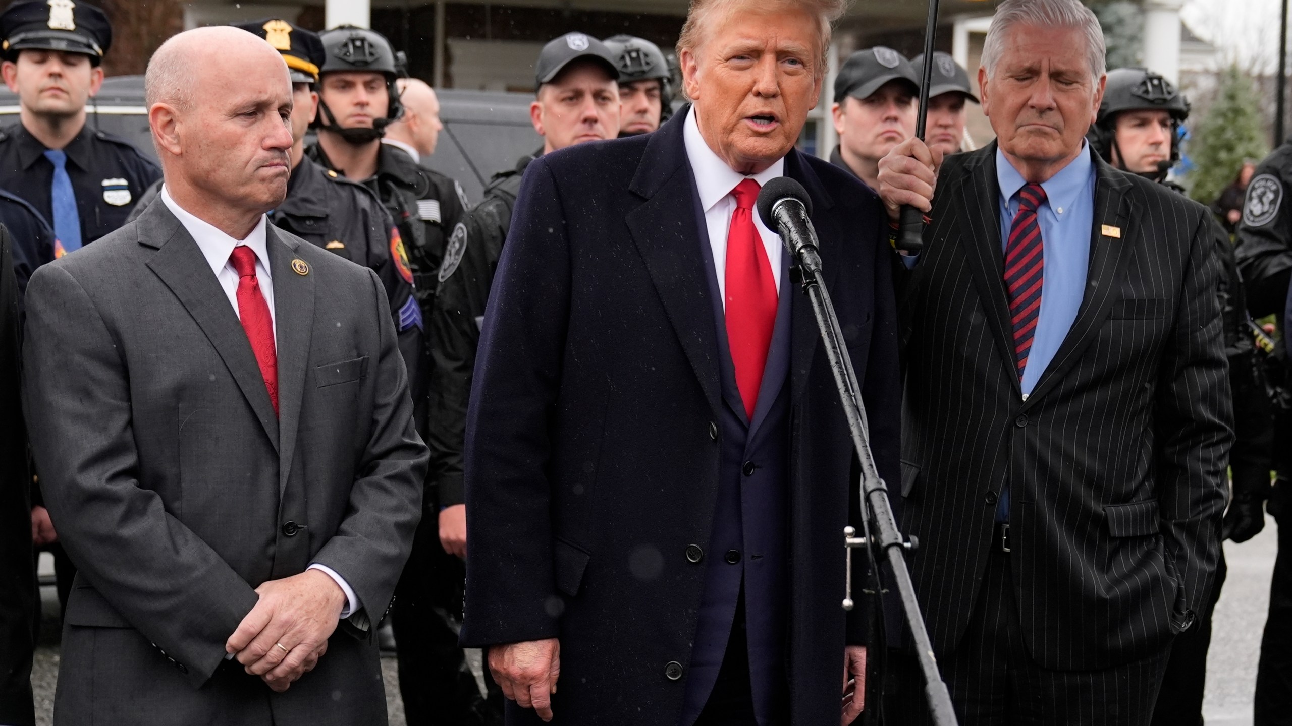 Former President Donald Trump speaks during a news conference after attending the wake of New York City police officer Jonathan Diller, Thursday, March 28, 2024, in Massapequa Park, N.Y. Diller was shot and killed Monday during a traffic stop, the city's mayor said. It marked the first slaying of an NYPD officer in two years. (AP Photo/Frank Franklin II)