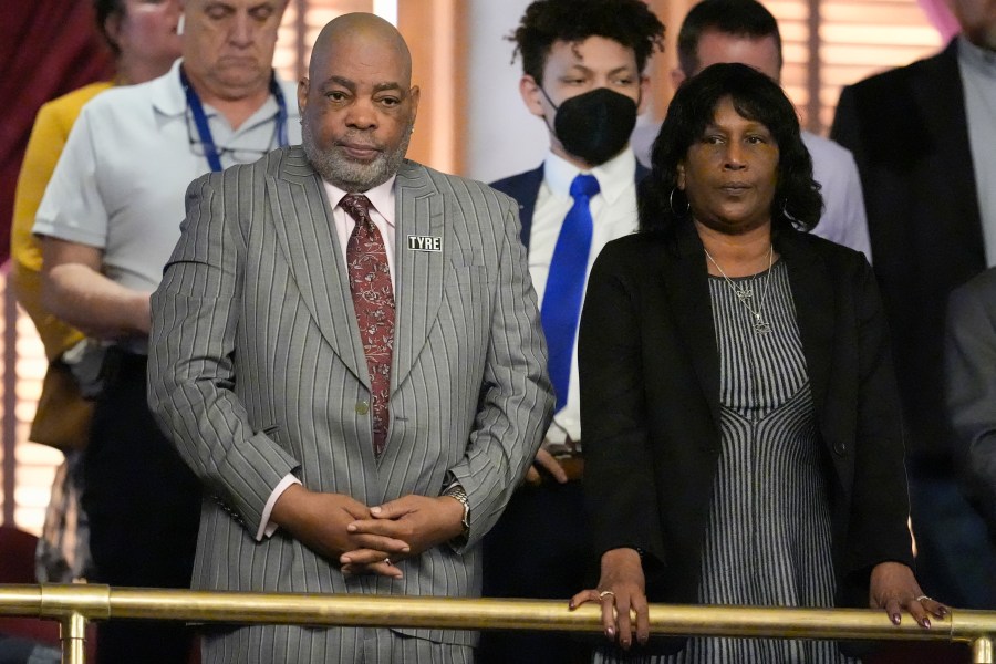 Rodney and RowVaughn Wells, the parents of Tyre Nichols, attend a House session of the state legislature Monday, March 4, 2024, in Nashville, Tenn. Nichols was beaten by five Memphis police officers during a traffic stop and died of his injuries in January 2023. (AP Photo/George Walker IV)