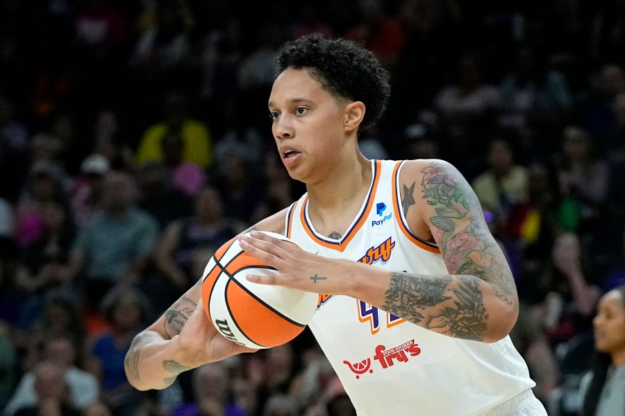 FILE - Phoenix Mercury center Brittney Griner grabs a rebound against the Seattle Storm during the first half of a WNBA basketball game Saturday, Aug. 5, 2023, in Phoenix. Griner has re-signed with the Phoenix Mercury, the only WNBA team she has ever played for. The deal was announced on by the league on X, formerly Twitter, on Friday, March 29, 2024. (AP Photo/Ross D. Franklin, File)