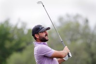 Stephan Jaeger watches his tee shot on the ninth hole during the final round of the Houston Open golf tournament Sunday, March 31, 2024, in Houston. (AP Photo/Michael Wyke)