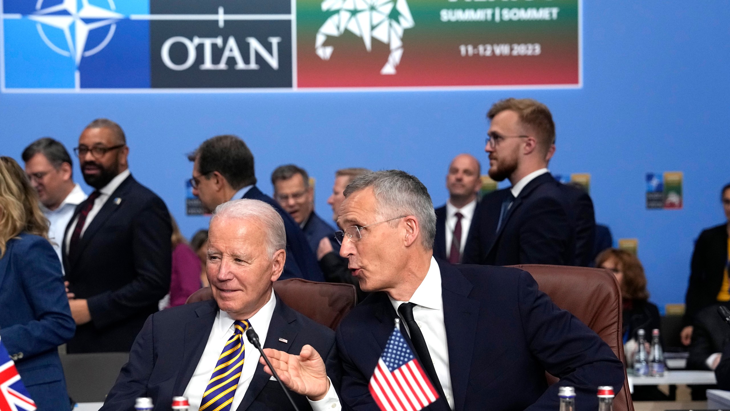 FILE - NATO Secretary General Jens Stoltenberg, right, speaks with United States President Joe Biden during a meeting of the NATO-Ukraine Council during a NATO summit in Vilnius, Lithuania, July 12, 2023. The Pentagon confirms that a senior Defense Department official who attended last years’ NATO summit in Lithuania had symptoms similar to those reported by U.S. officials who have experienced “Havana syndrome." (AP Photo/Pavel Golovkin, File)