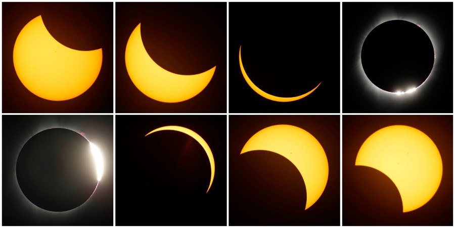 FILE - This combination of photos shows the path of the sun during a total eclipse by the moon Monday, Aug. 21, 2017, near Redmond, Ore. On April 8, 2024, spectators who aren't near the path of totality or who get cloudy weather on eclipse day can still catch the total solar eclipse, with NASA, science centers and media organizations planning to stream live coverage online from different locations along the path. (AP Photo/Ted S. Warren, File)