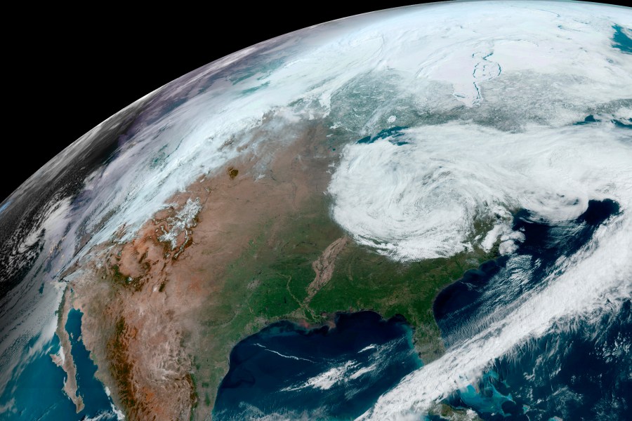 This satellite image provided by NOAA shows clouds over North America on Thursday, April 4, 2024. (NOAA via AP)