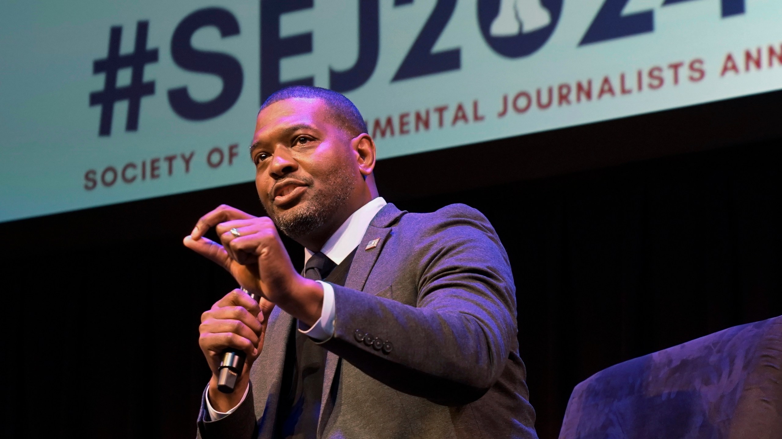 Environmental Protection Agency Administrator Michael Regan speaks during the Society of Environmental Journalists conference in Philadelphia on Friday, April 5, 2024. (AP Photo)