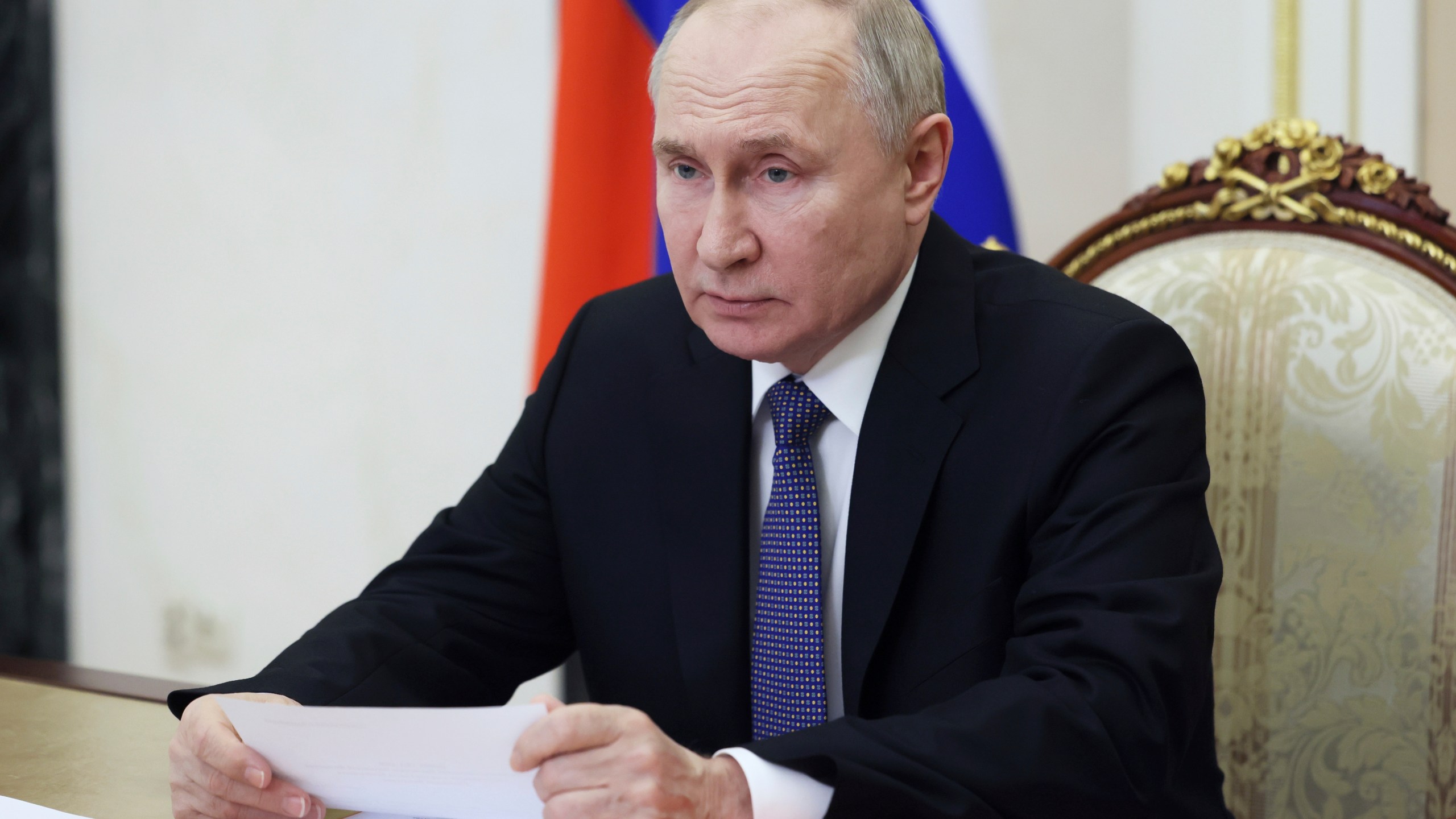 Russian President Vladimir Putin chairs a Security Council meeting via videoconference at the Kremlin in Moscow, Russia, Friday, April 5, 2024. (Mikhail Metzel, Sputnik, Kremlin Pool Photo via AP)