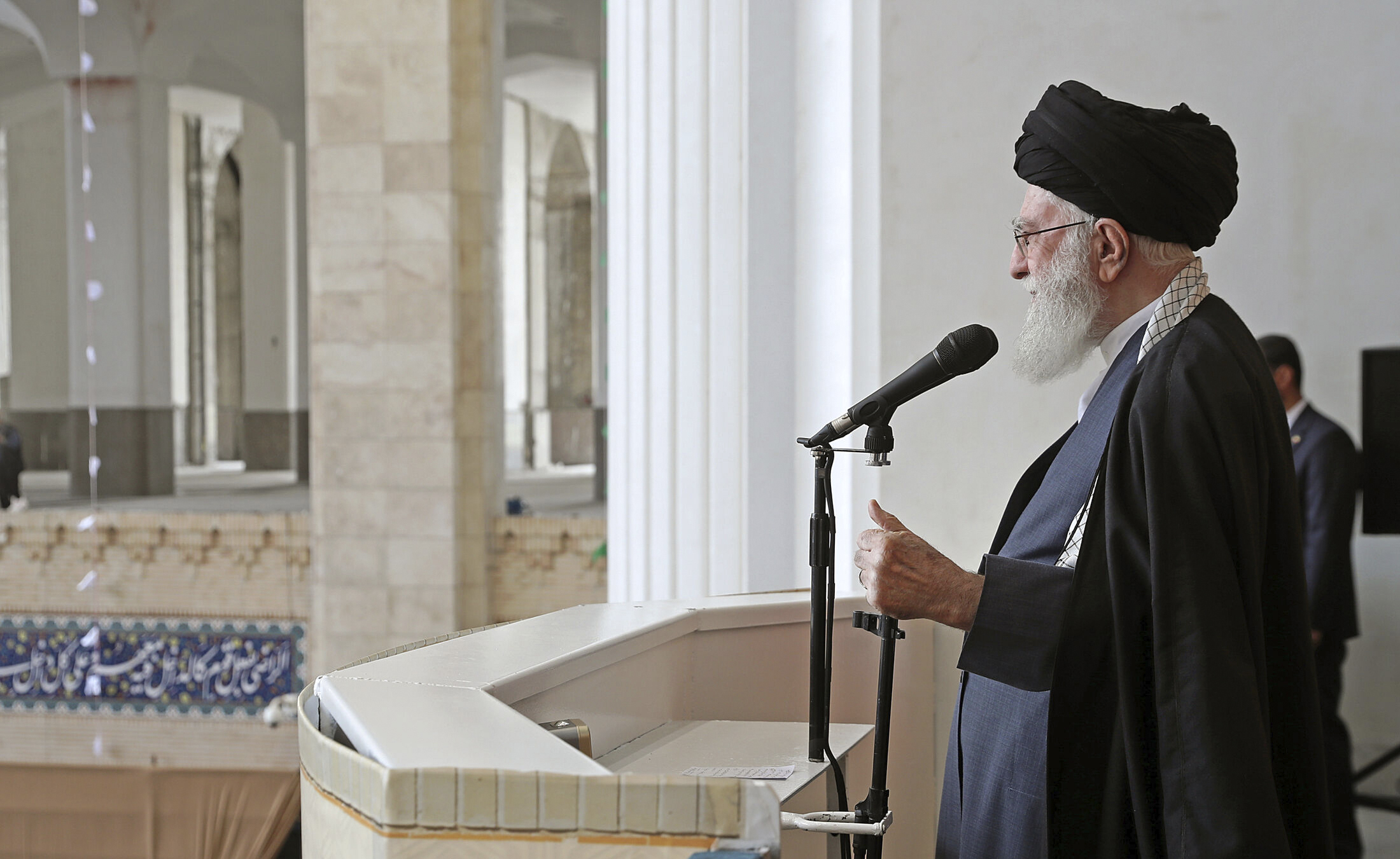 In this photo released by the official website of the office of the Iranian supreme leader, Supreme Leader Ayatollah Ali Khamenei delivers his sermon during Eid al-Fitr prayer ceremony marking the end of the Muslims holy fasting month of Ramadan, in Tehran, Iran, Wednesday, April 10, 2024. Ayatollah Khamenei reiterated on Wednesday a promise to retaliate against Israel over the killings of Iranian generals in Syria. (Office of the Iranian Supreme Leader via AP)