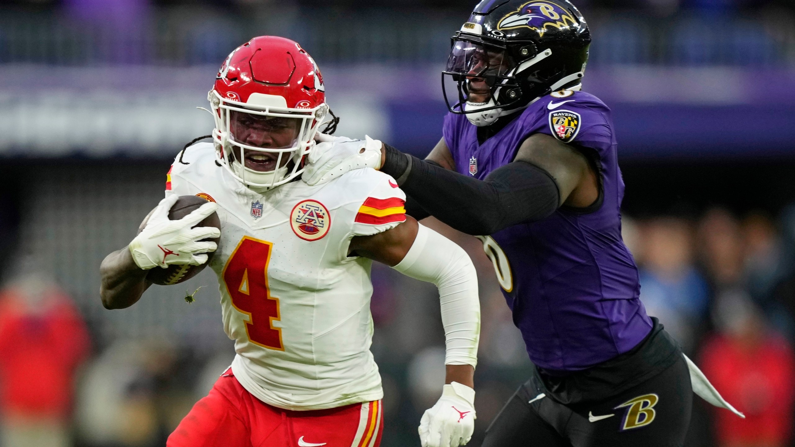 FILE - Kansas City Chiefs wide receiver Rashee Rice (4) is tackled by Baltimore Ravens linebacker Patrick Queen (6) during the first half of the AFC Championship NFL football game, Jan. 28, 2024, in Baltimore. Dallas police said Wednesday, April 10, that Rice faces charges including aggravated assault after he and another speeding driver of a sports car caused a chain-reaction crash on a Dallas highway. (AP Photo/Matt Slocum, File)